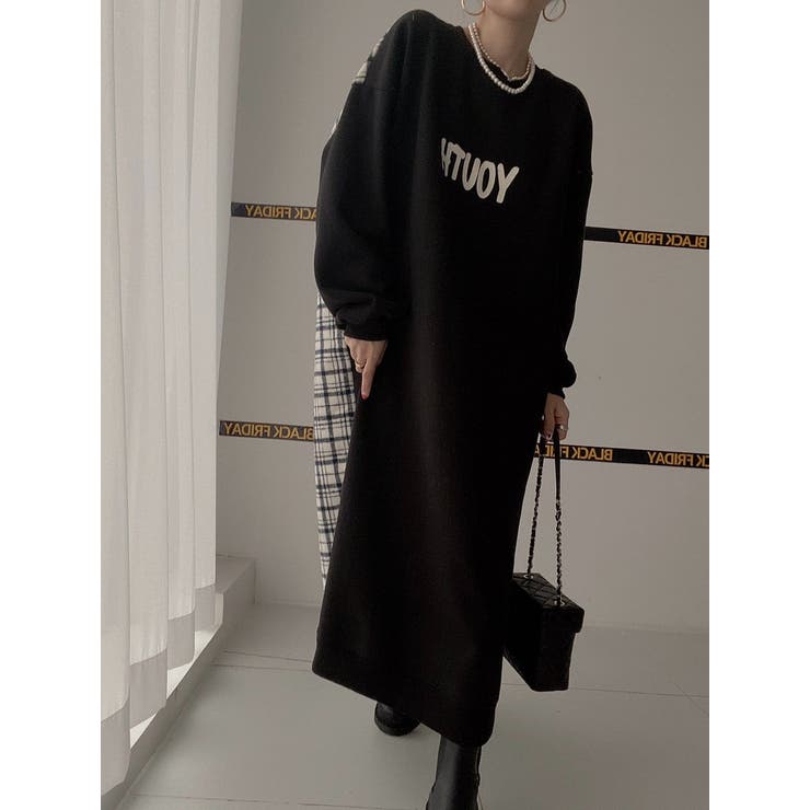 ブラック | スウェット切り替えチェック柄長袖ワンピース | Ulysses