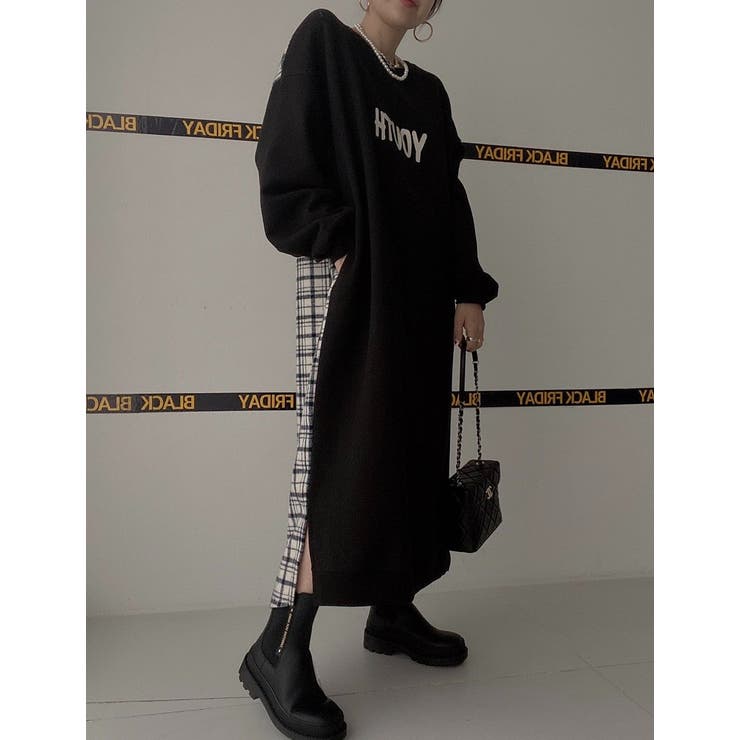 スウェット切り替えチェック柄長袖ワンピース | Ulysses | 詳細画像7 