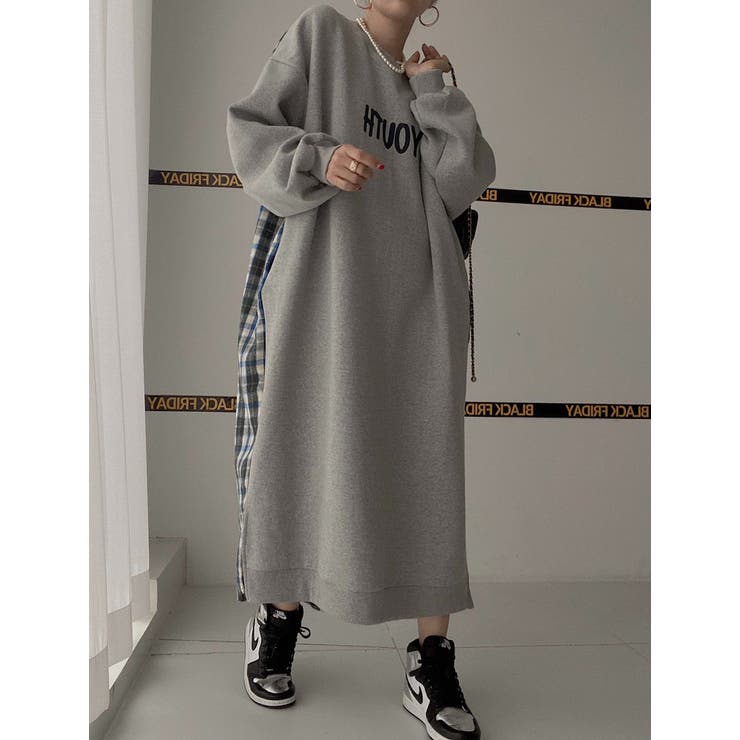 グレー | スウェット切り替えチェック柄長袖ワンピース | Ulysses