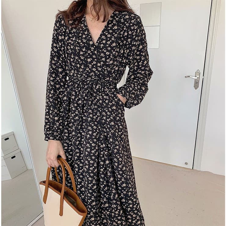 ブラック | 花柄リボン長袖ワンピース | Ulysses