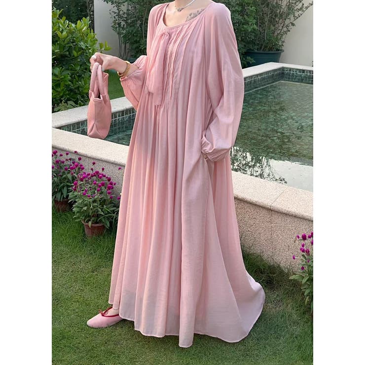 ピンク | リボン長袖ロングワンピース | Ulysses