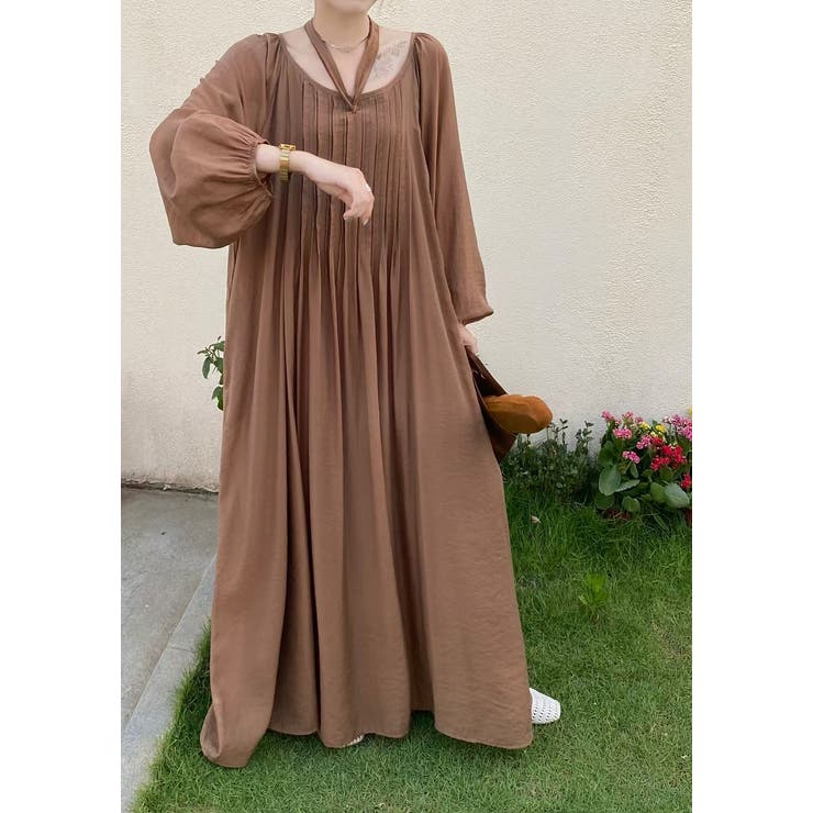 ブラウン | リボン長袖ロングワンピース | Ulysses