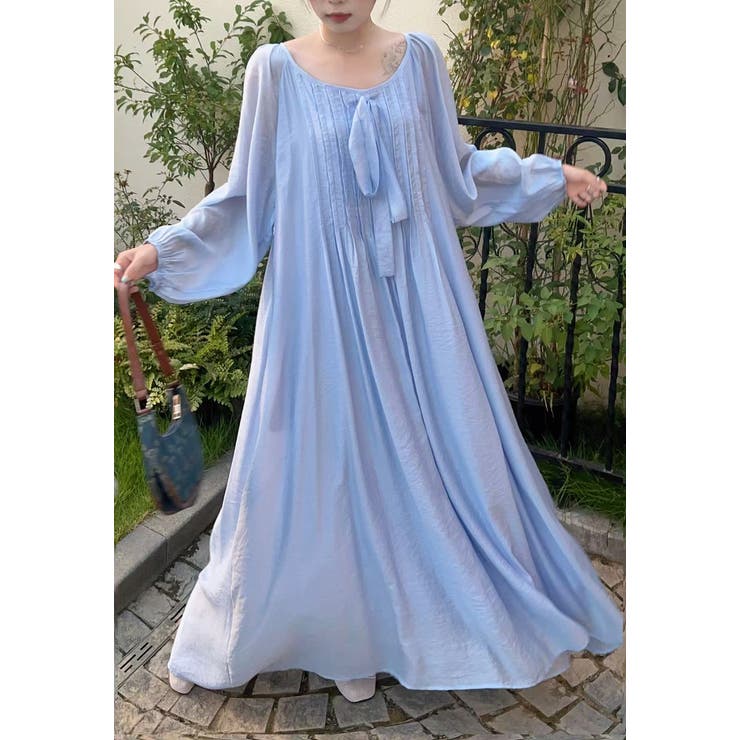 ブルー | リボン長袖ロングワンピース | Ulysses