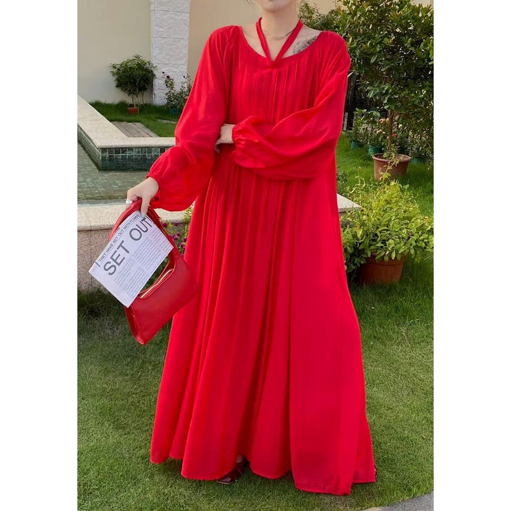 レッド | リボン長袖ロングワンピース | Ulysses