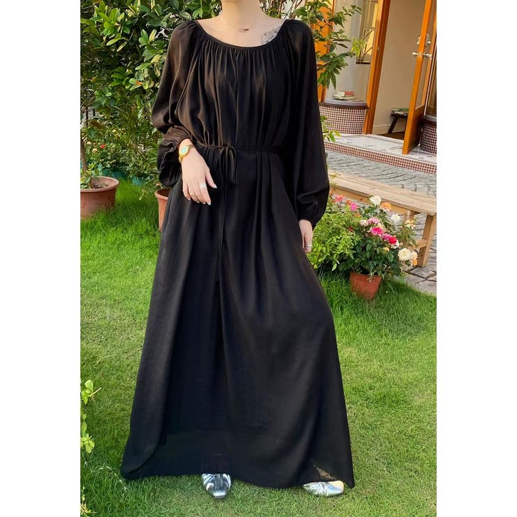 ブラック | リボン長袖ロングワンピース | Ulysses