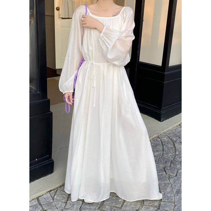 ホワイト | リボン長袖ロングワンピース | Ulysses