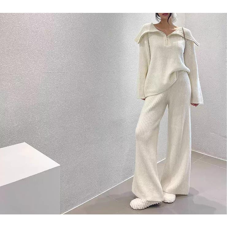 オフホワイト | ニット襟付きトップスワイドパンツセットアップ | Ulysses