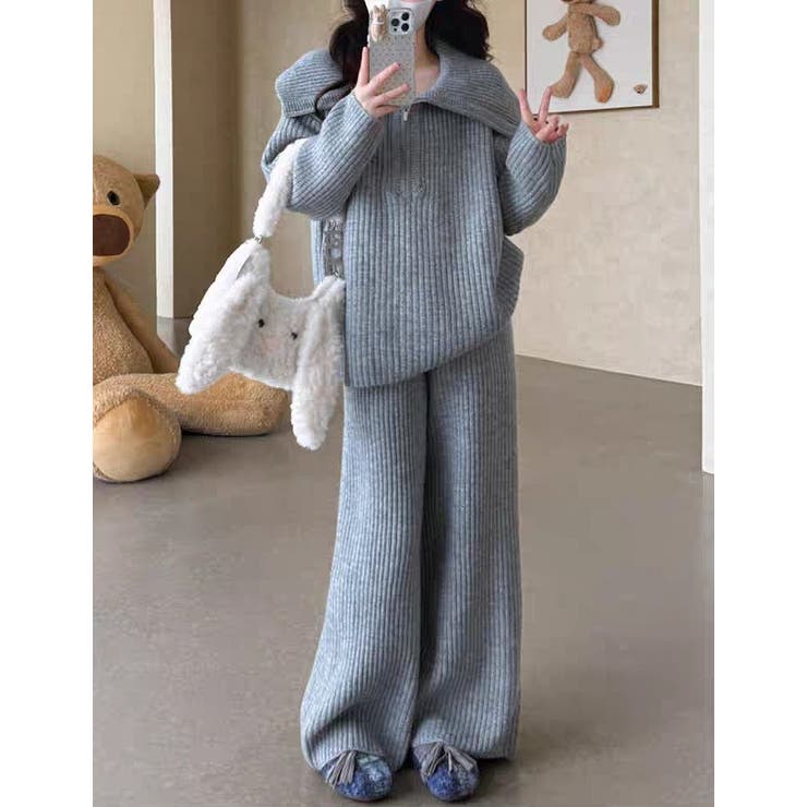 ライトグレー | ニット襟付きトップスワイドパンツセットアップ | Ulysses