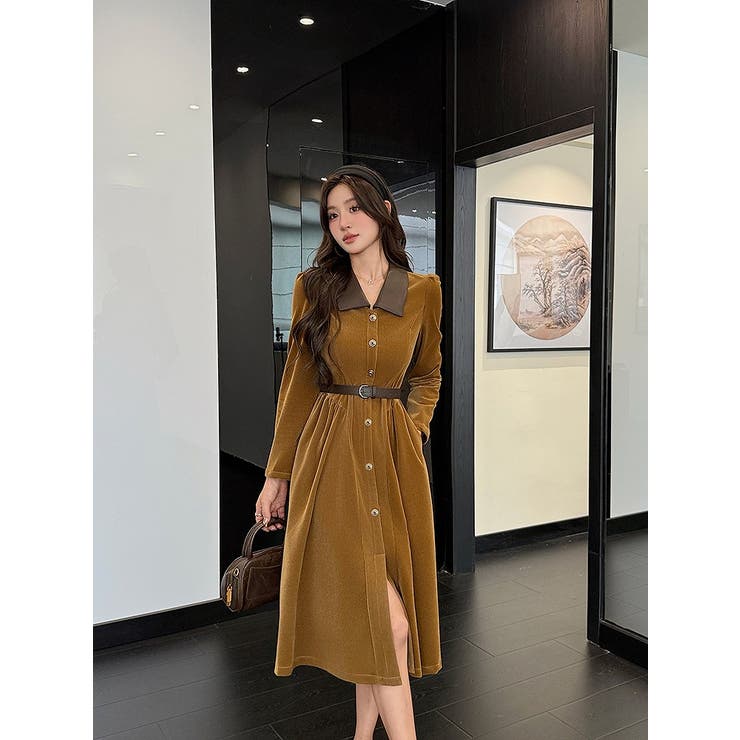 カーキ | カラーコントラストの襟付きシングルブレストワンピース | Ulysses