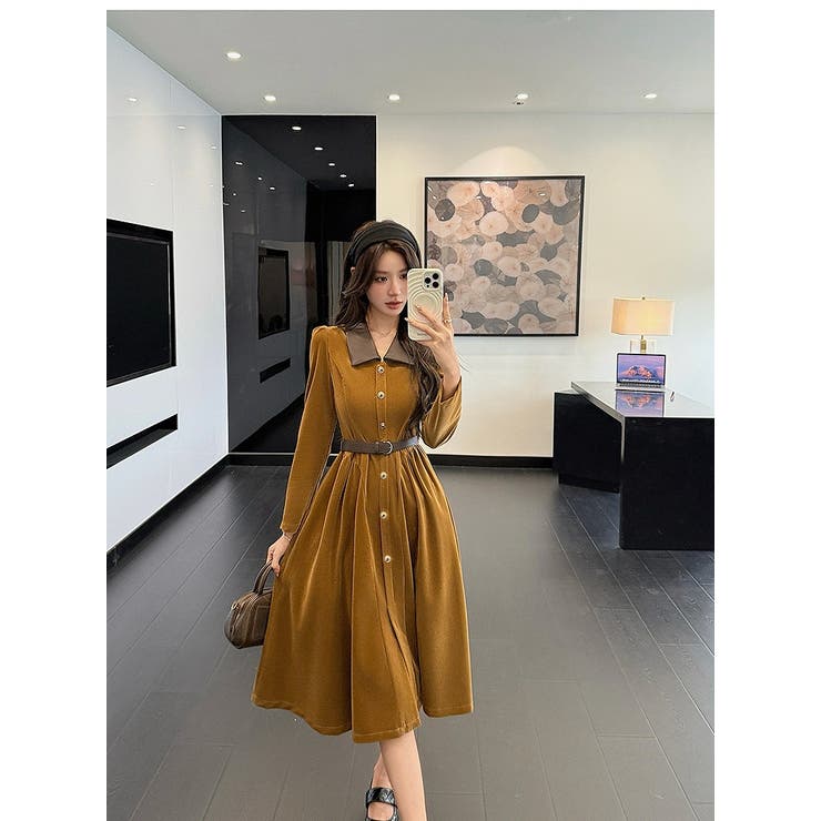 カラーコントラストの襟付きシングルブレストワンピース | Ulysses | 詳細画像1 