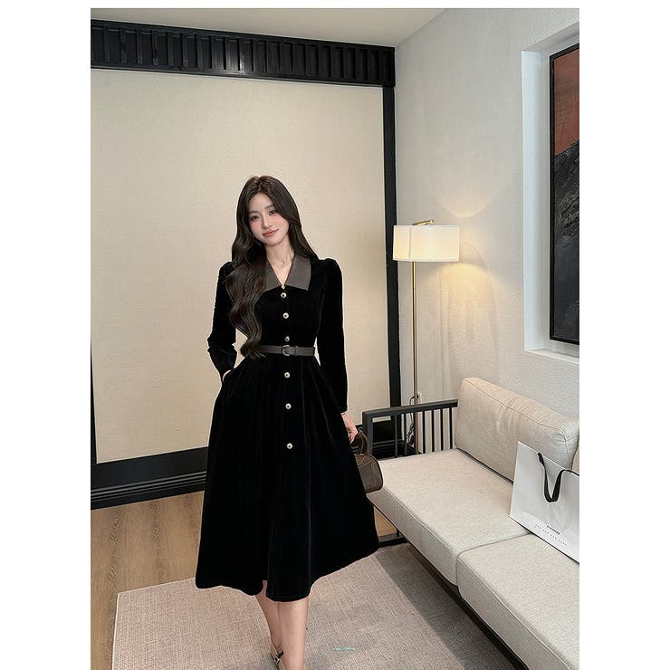 ブラック | カラーコントラストの襟付きシングルブレストワンピース | Ulysses