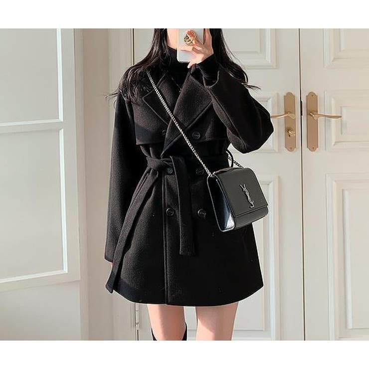 ブラック | リボン襟付きダブルブレストメルトンジャケット | Ulysses