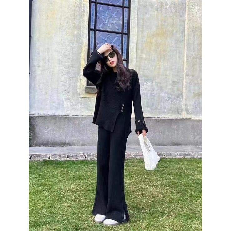 ブラック | ニットサイドスリットトップスワイドパンツセットアップ | Ulysses