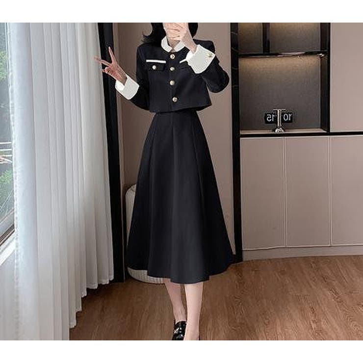 ブラック | 配色ショートジャケットスカートセットアップ | Ulysses