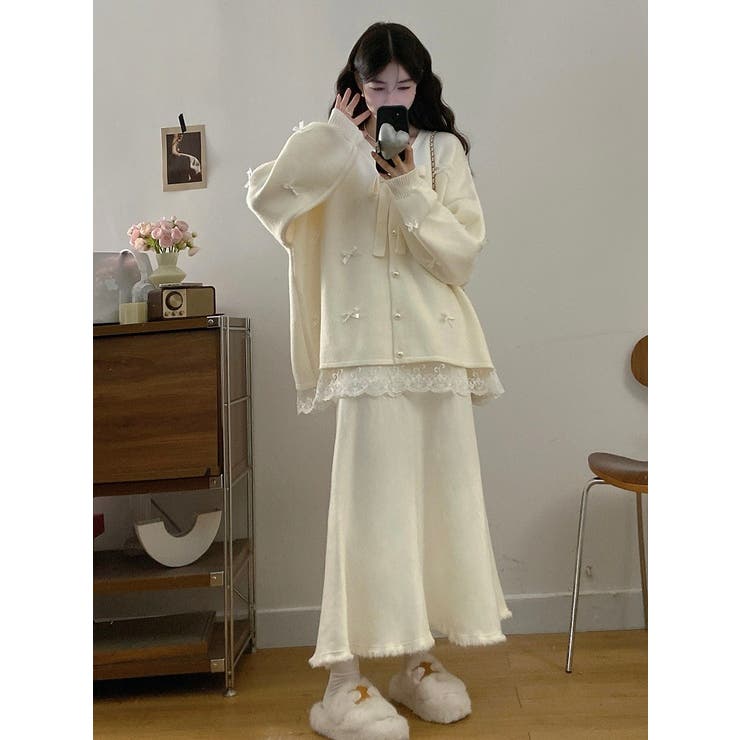 ベージュ | リボンVネックカーディガンジャケット | Ulysses