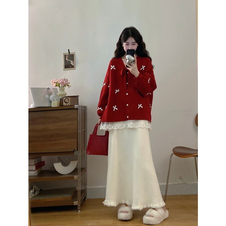 レッド | リボンVネックカーディガンジャケット | Ulysses