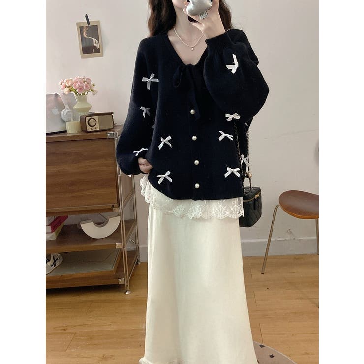 ブラック | リボンVネックカーディガンジャケット | Ulysses