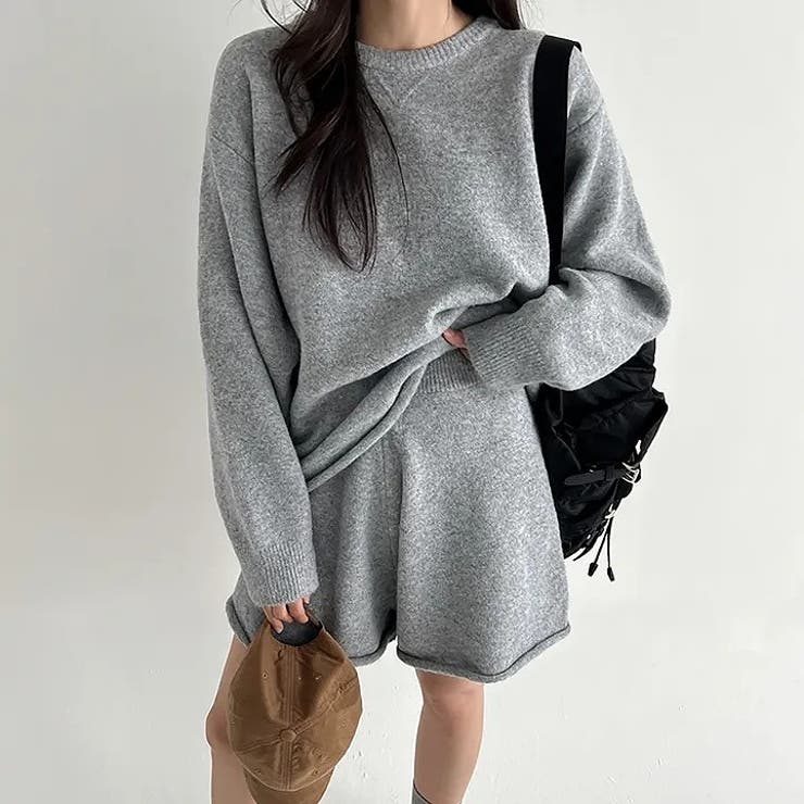 グレー | ニットクルーネックトップスショートパンツセットアップ | Ulysses