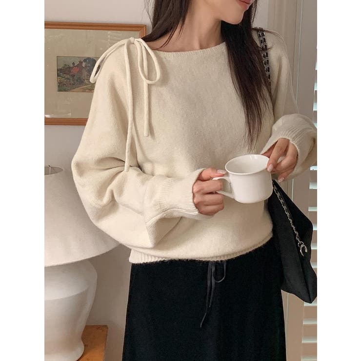 ベージュ | リボンオフショルダーニットトップス | Ulysses