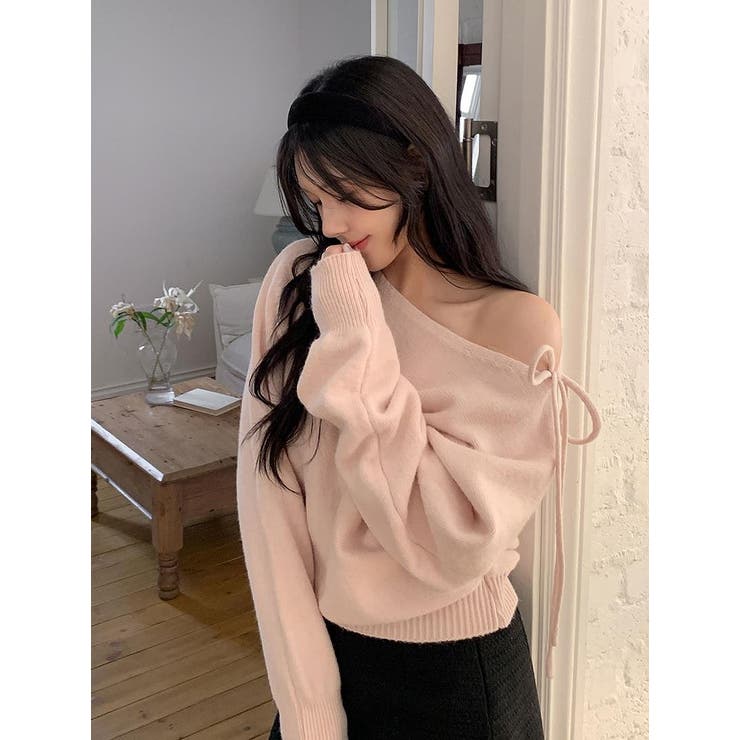 ピンク | リボンオフショルダーニットトップス | Ulysses