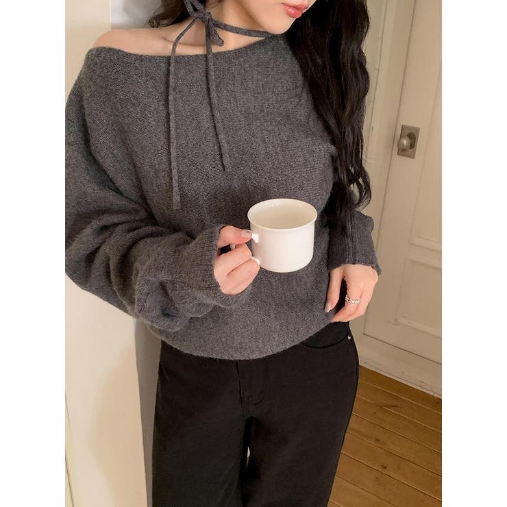 グレー | リボンオフショルダーニットトップス | Ulysses