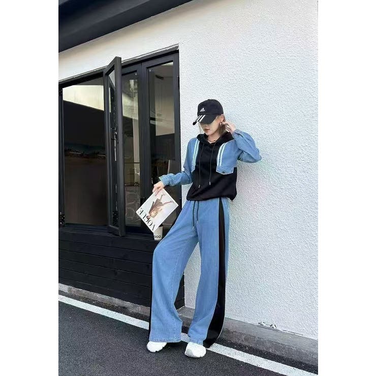 ブラック | スウェット切り替えデニムトップスパンツセットアップ | Ulysses