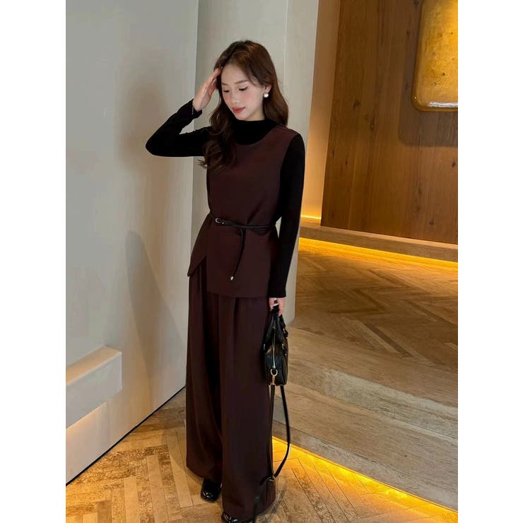ダークパープル | ベルト付きベストトップスワイドパンツセットアップ | Ulysses
