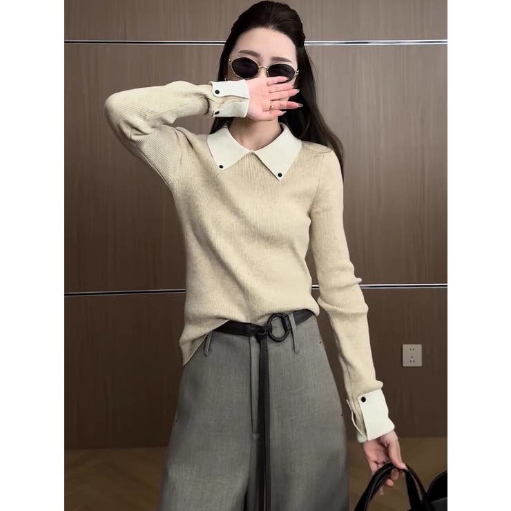 カラーコントラストの襟付きニットトップス | Ulysses | 詳細画像1 