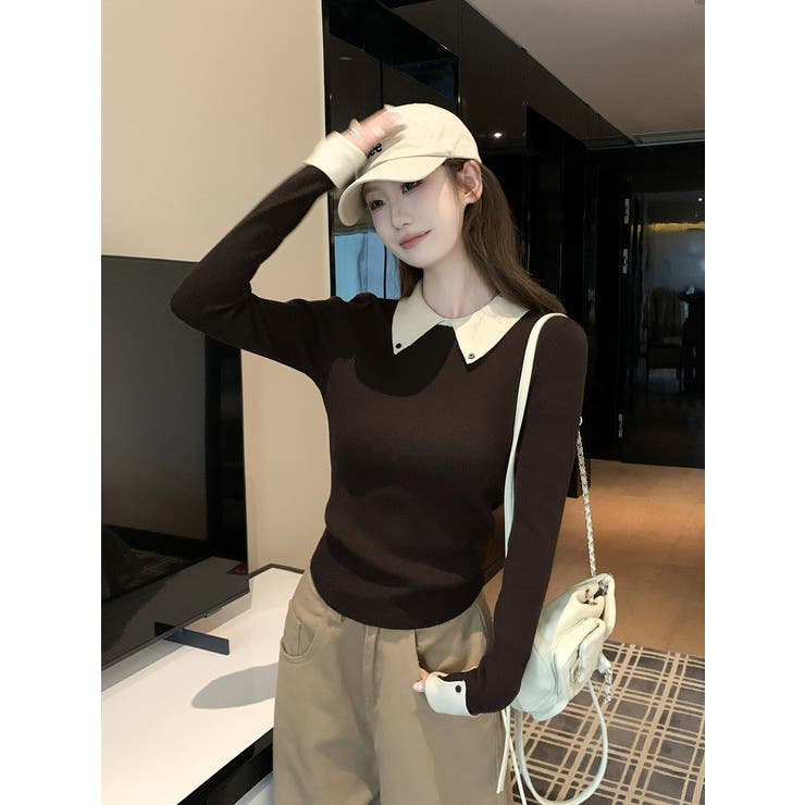 ブラウン | カラーコントラストの襟付きニットトップス | Ulysses