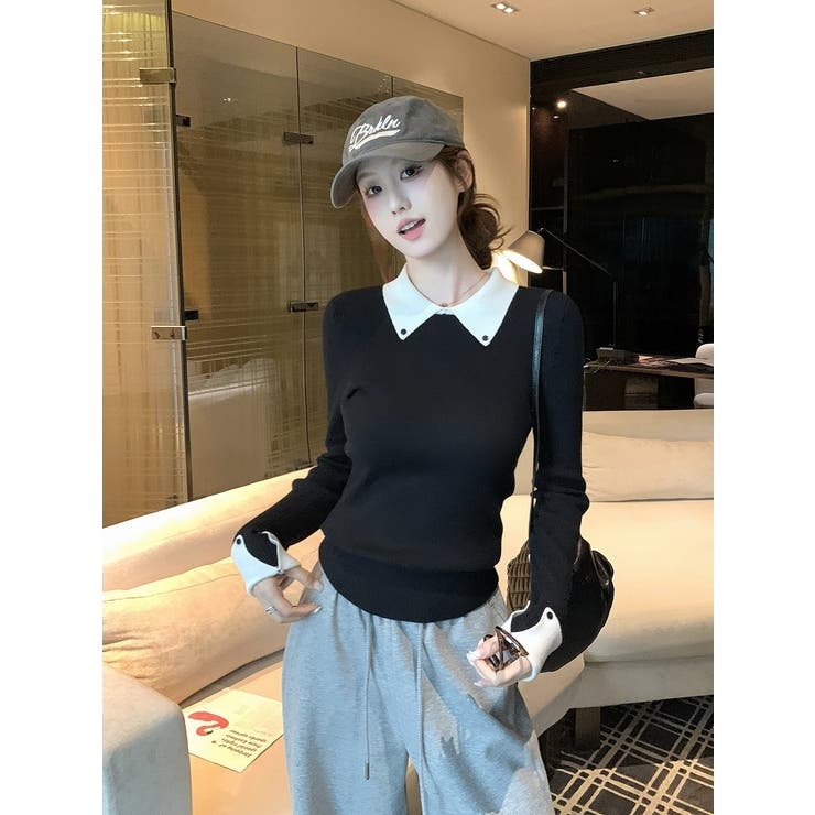 ブラック | カラーコントラストの襟付きニットトップス | Ulysses