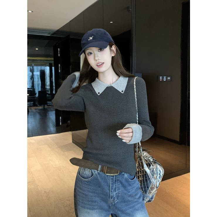 ダークグレー | カラーコントラストの襟付きニットトップス | Ulysses