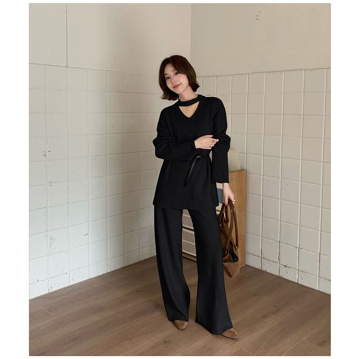 Vネックセータートップスワイドパンツセットアップ[品番：NTRW0012038