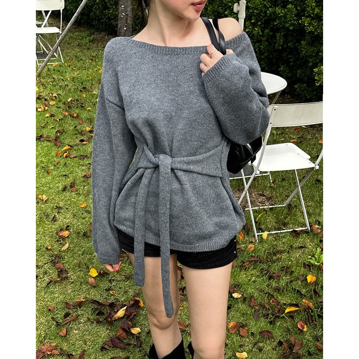 グレー | リボンオフショルダーセーター | Ulysses