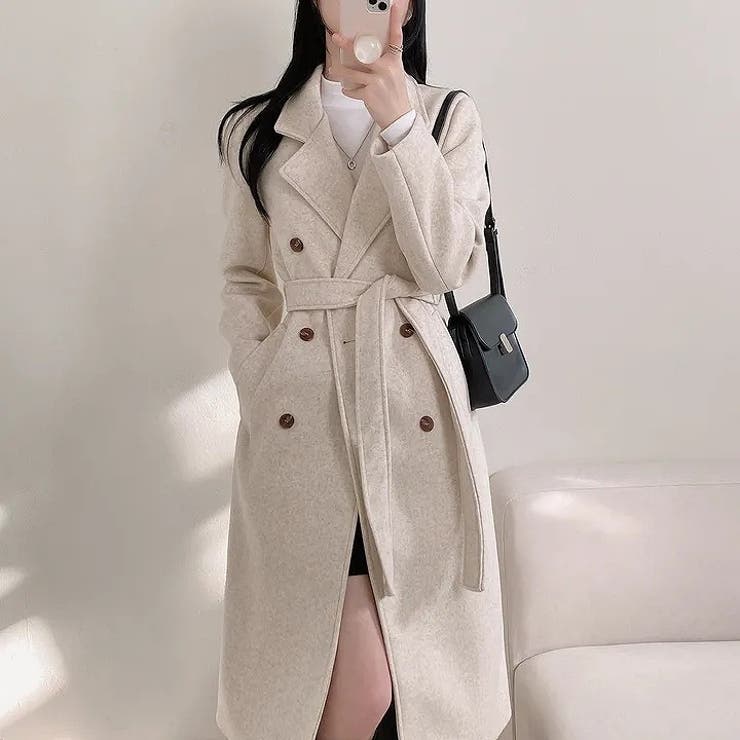 ライトベージュ | リボンダブルブレストロングメルトンジャケット | Ulysses