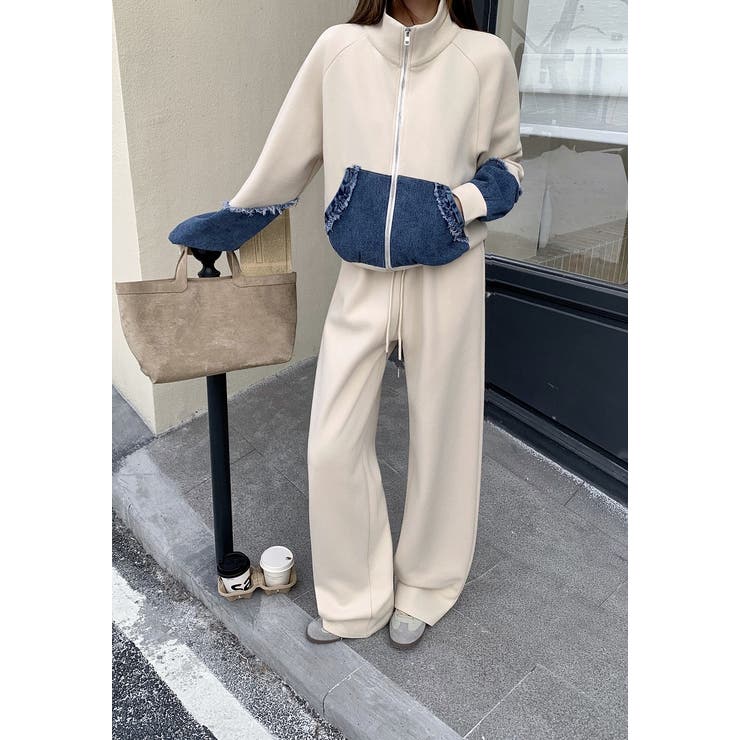 ベージュ | スウェット切り替えデニムトップスワイドパンツセットアップ | Ulysses