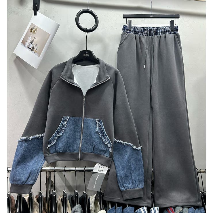 グレー | スウェット切り替えデニムトップスワイドパンツセットアップ | Ulysses