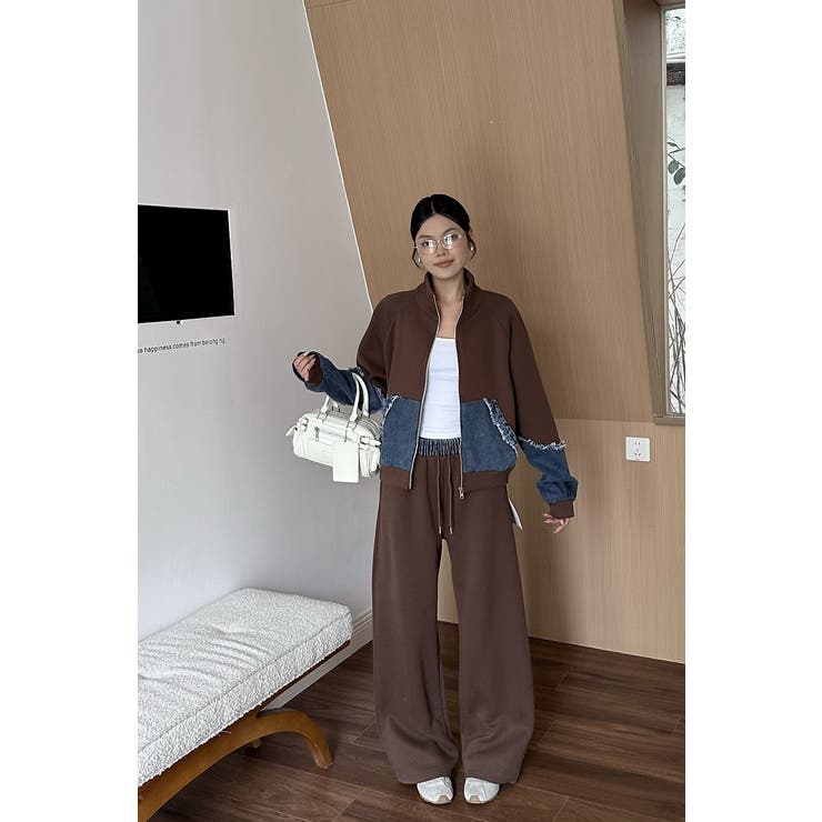 ブラウン | スウェット切り替えデニムトップスワイドパンツセットアップ | Ulysses