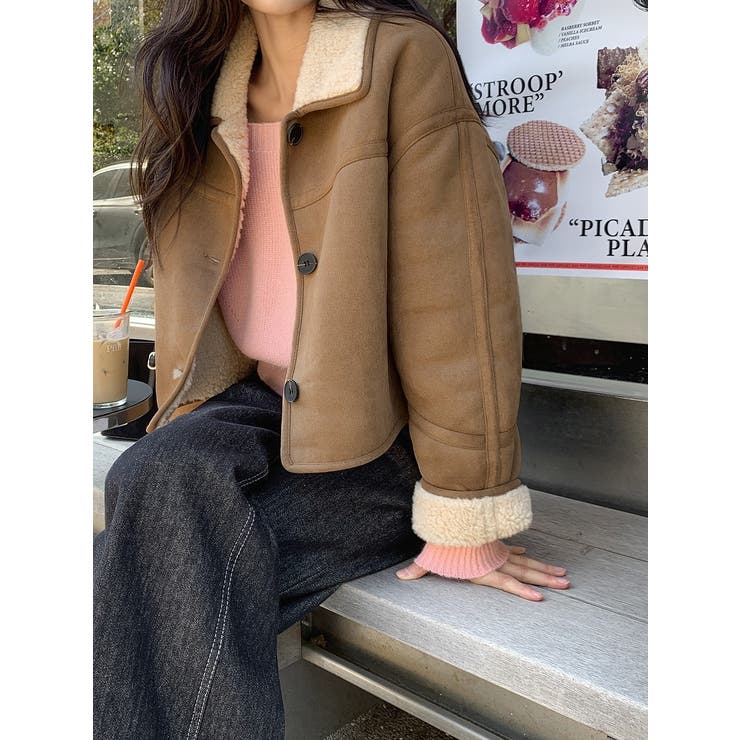 ブラウン | 襟付きシングルブレスト鹿の毛皮の綿毛ショートジャケット | Ulysses