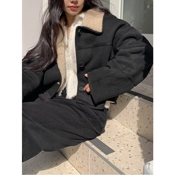 ブラック | 襟付きシングルブレスト鹿の毛皮の綿毛ショートジャケット | Ulysses