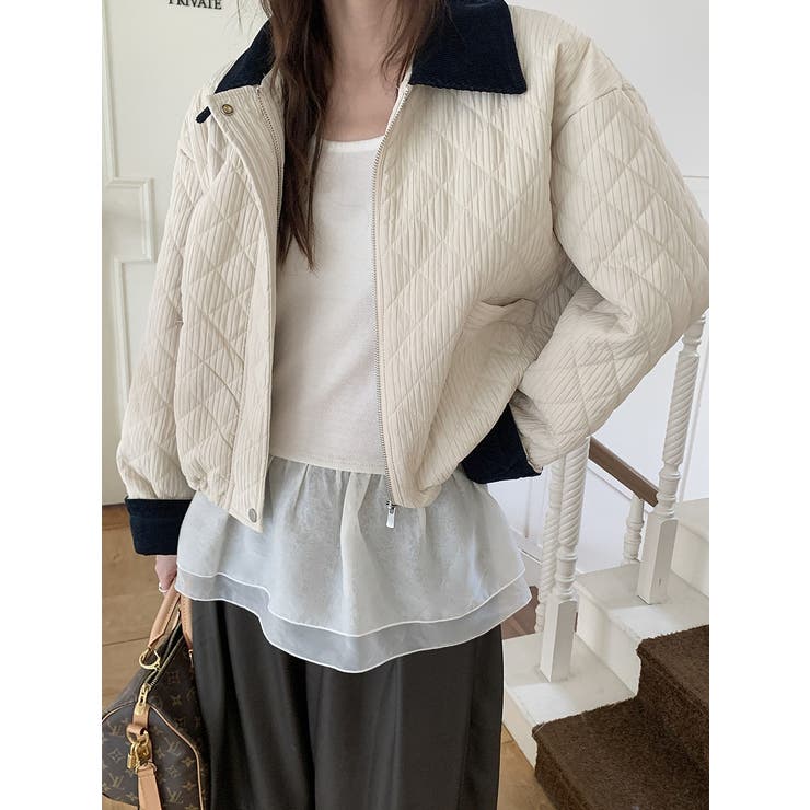 ベージュ | カラーコントラストの襟付きショートコーデュロイジャケット | Ulysses