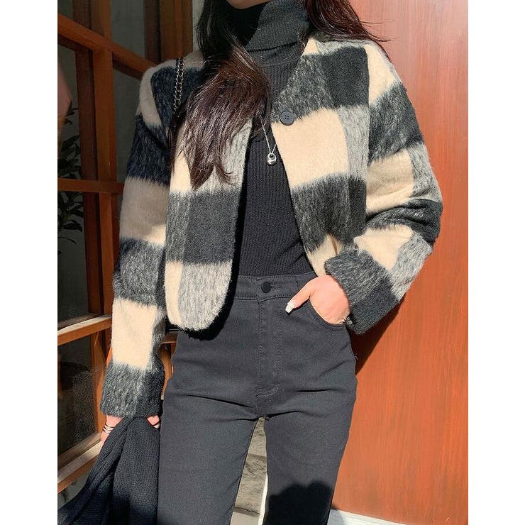 ベージュ | ショートメルトンチェック柄ジャケット | Ulysses