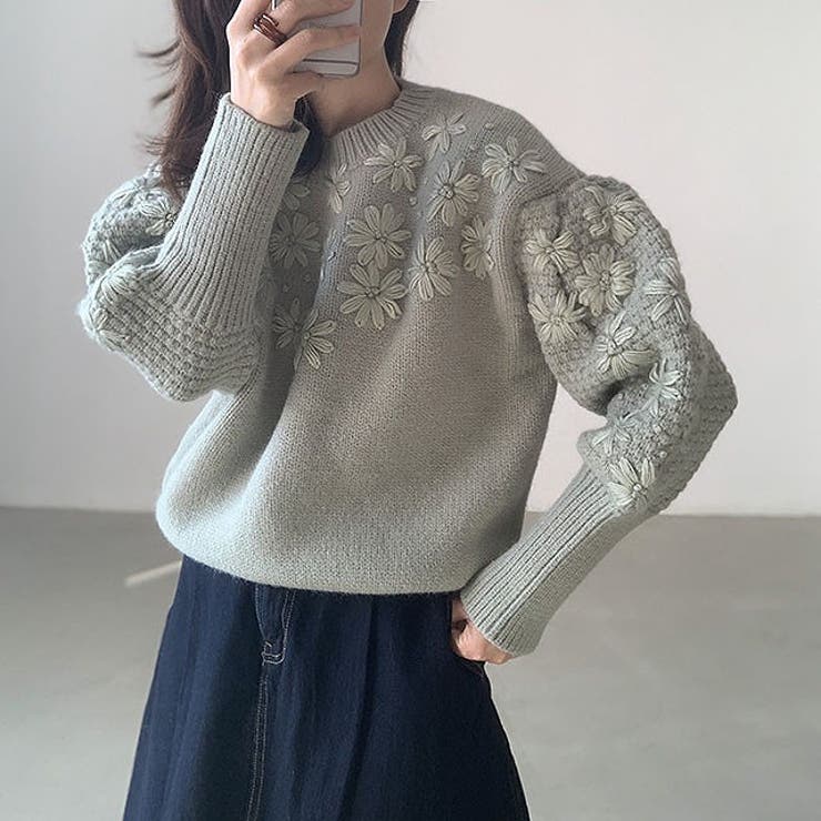 グリーン | 立体感があるフラワーセータートップス | Ulysses