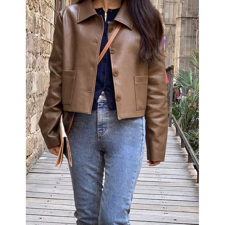 ブラウン | 襟付きシングルブレスト合成皮革ジャケット | Ulysses