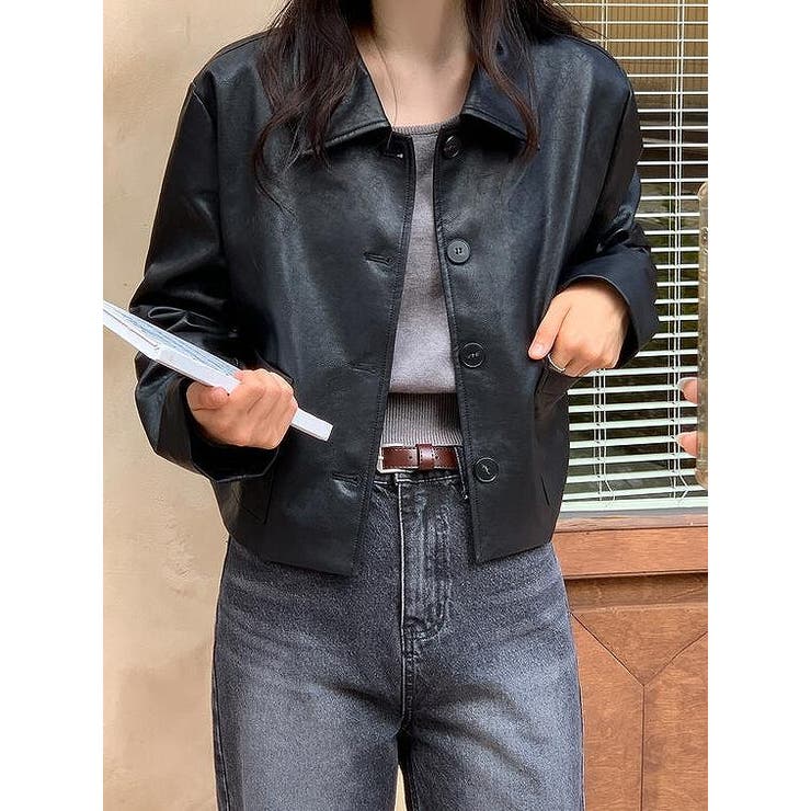 ブラック | 襟付きシングルブレスト合成皮革ジャケット | Ulysses