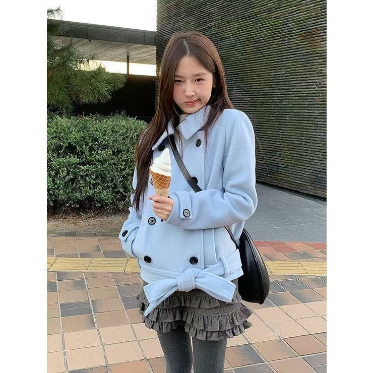 ブルー | リボン襟付きダブルブレストメルトンジャケット | Ulysses