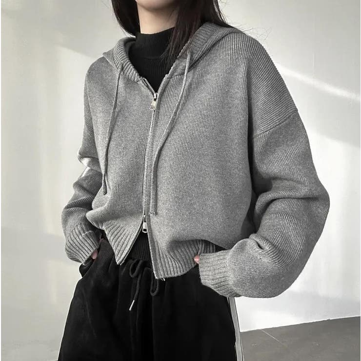 グレー | ニットフード付きダブルジップジャケット | Ulysses