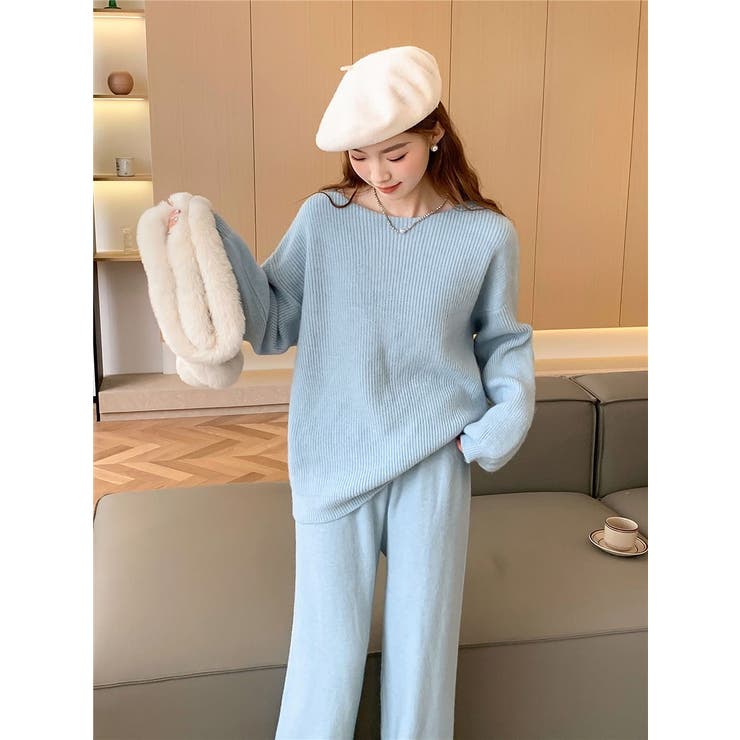 ブルー | ニットトップスワイドパンツセットアップ | Ulysses