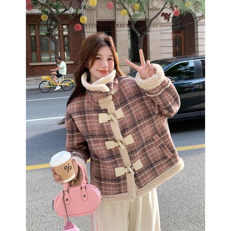 ピンク | ショートチェック柄ボアジャケット | Ulysses