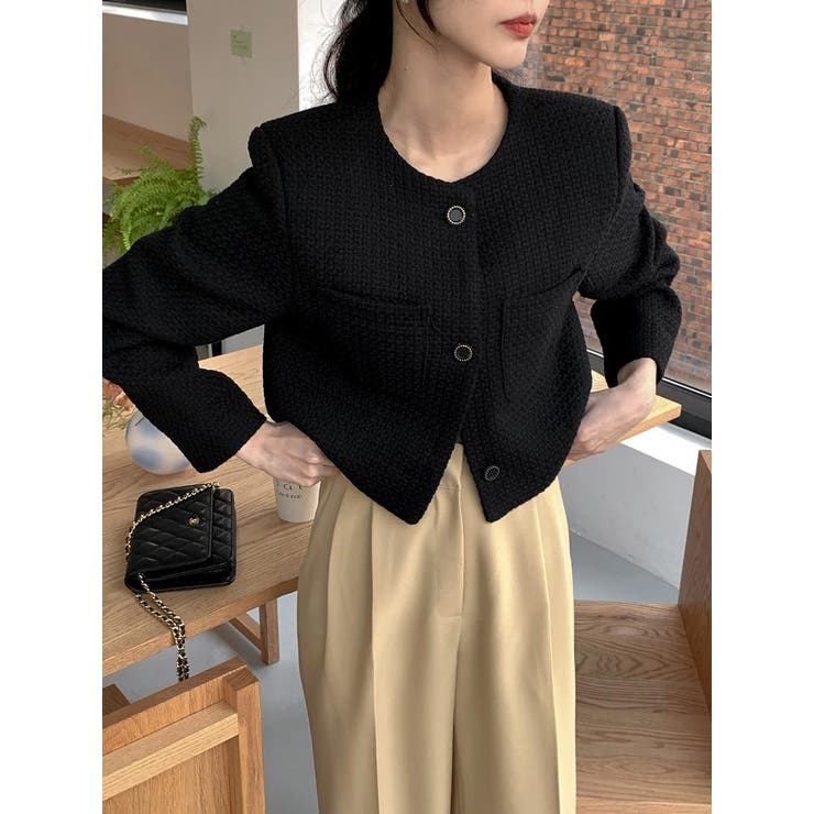 ブラック | ショートクルーネックシングルブレストジャケット | Ulysses