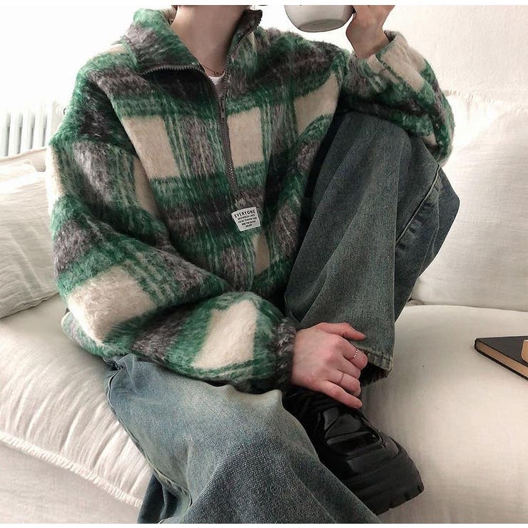 グリーン | チェック柄スワンネックトップス | Ulysses